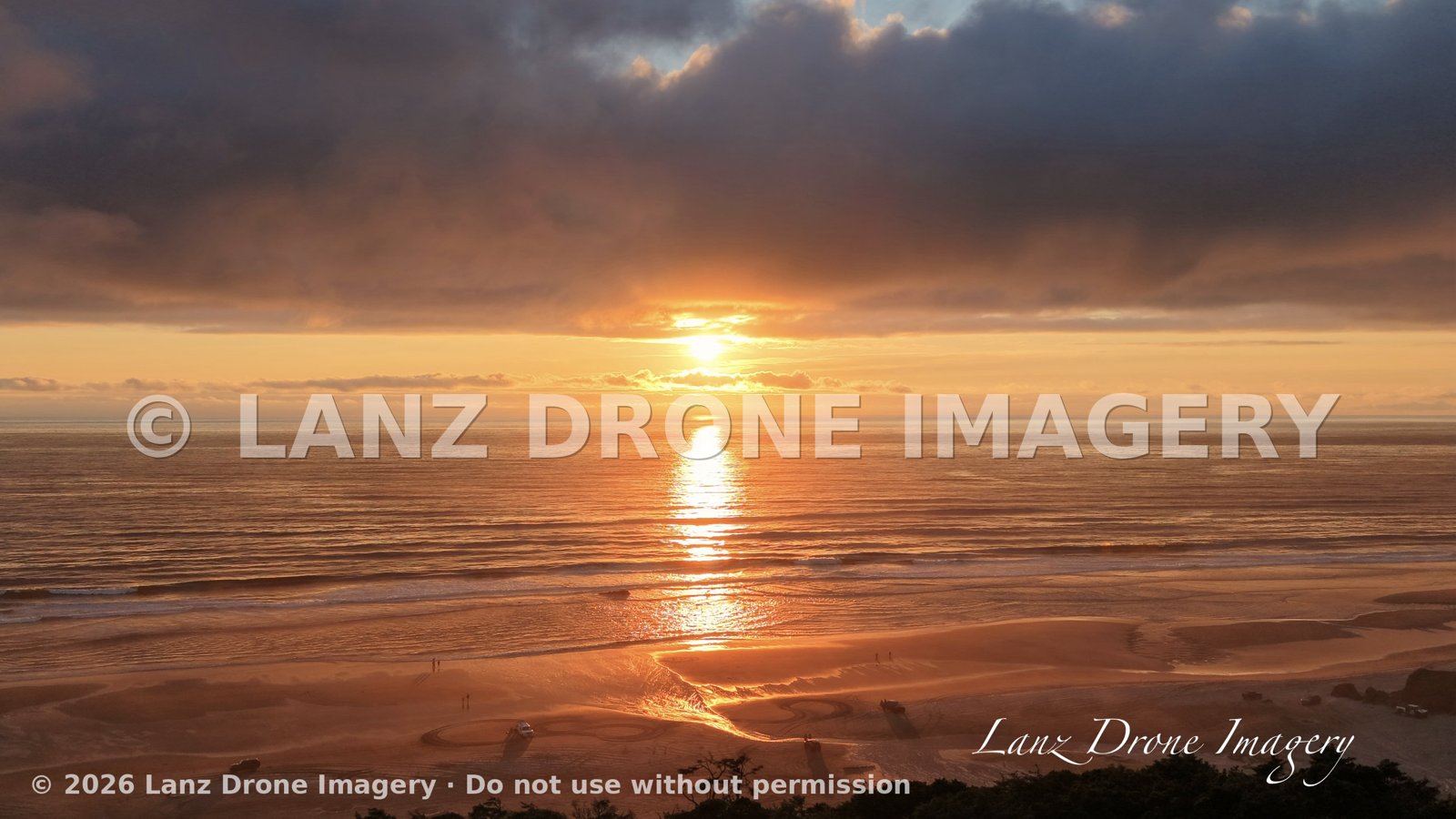 Aerial view of a sunset over the ocean at Pacific City, Oregon